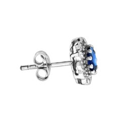 Oval Shape Blue Sapphire & Diamond Antique Style Floral White Gold Stud Earrings