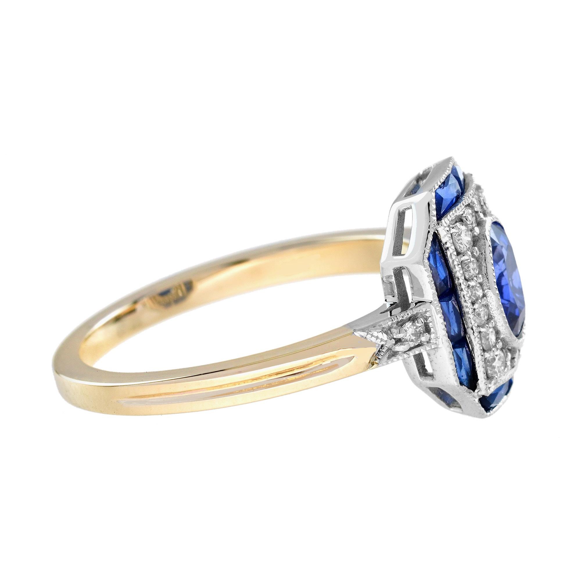 Zafiro Azul Ovalado y Diamante Estilo Art Decó Anillo de Oro de Dos Tonos de 14K Corte oval en venta