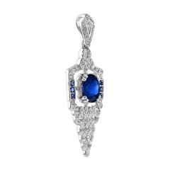 Oval Shape Blue Sapphire Diamond Art Deco Style 14K White Gold Pendant