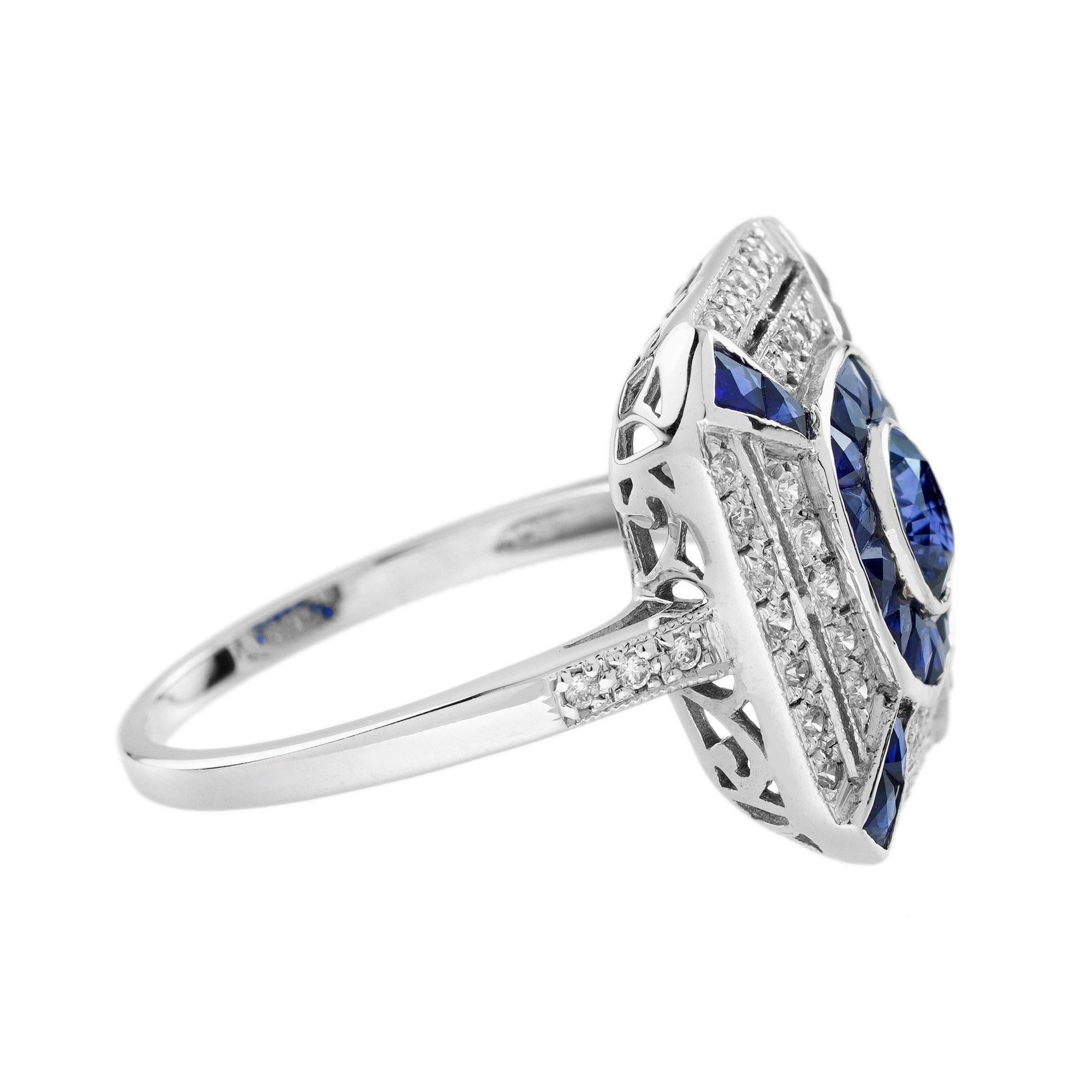 Ovaler Blauer Saphir & Diamant Art Deco Stil Halo 14K Weißgold Ring (Art déco) im Angebot