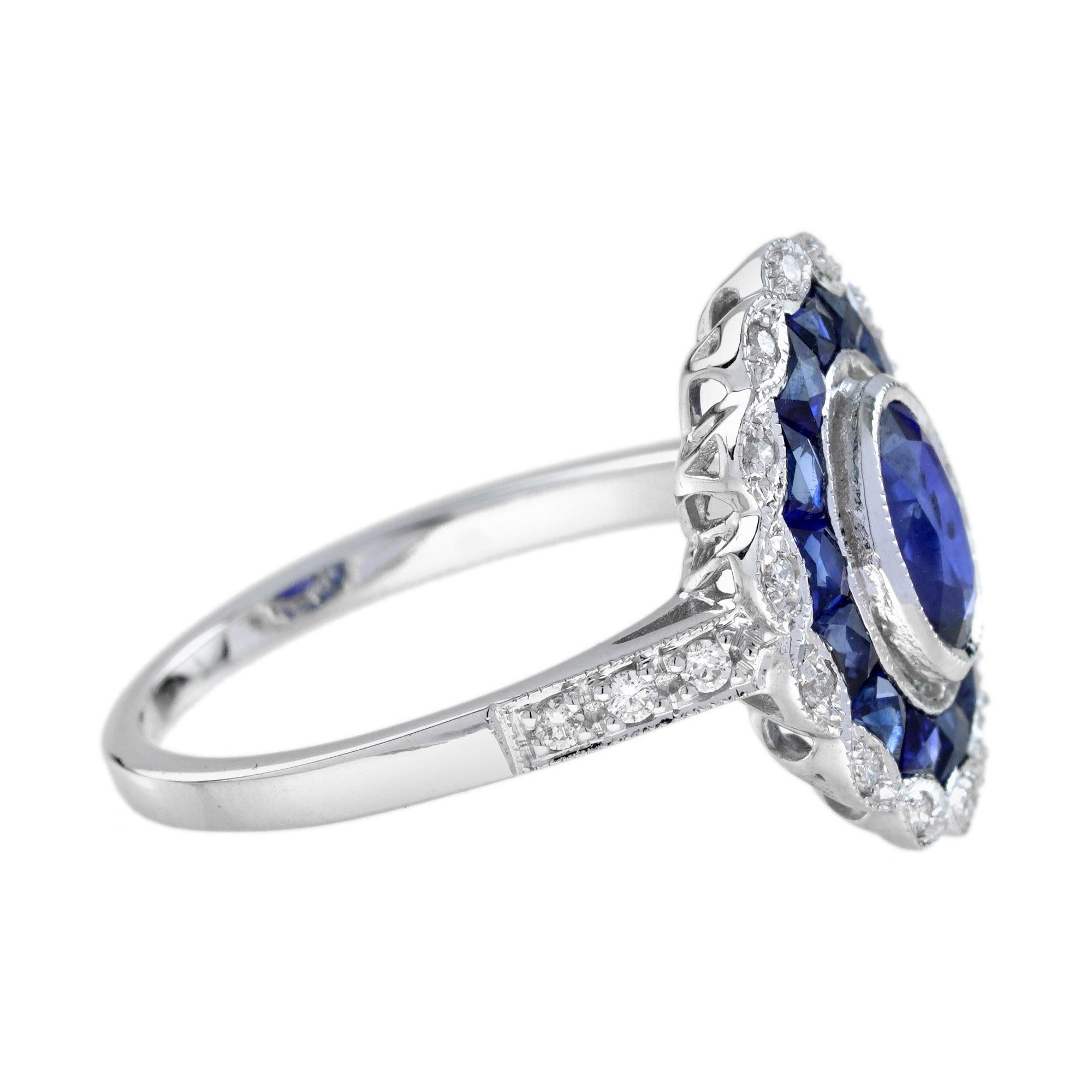Ovaler blauer Saphir & Diamant Vintage Art Deco Stil Halo Weißgold Ring (Art déco) im Angebot
