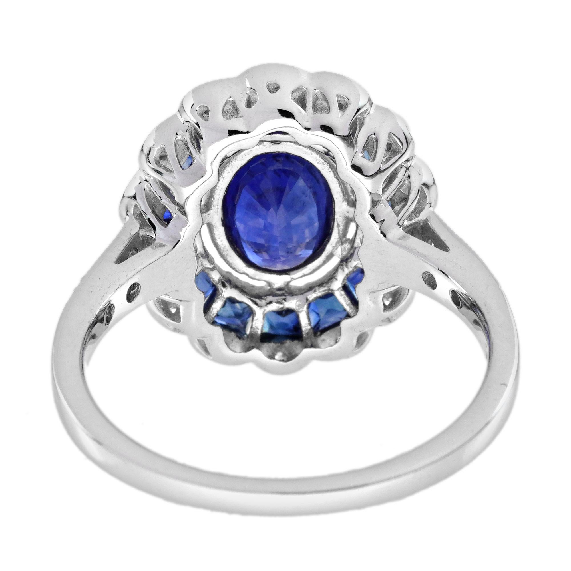Ovaler blauer Saphir & Diamant Vintage Art Deco Stil Halo Weißgold Ring (Ovalschliff) im Angebot