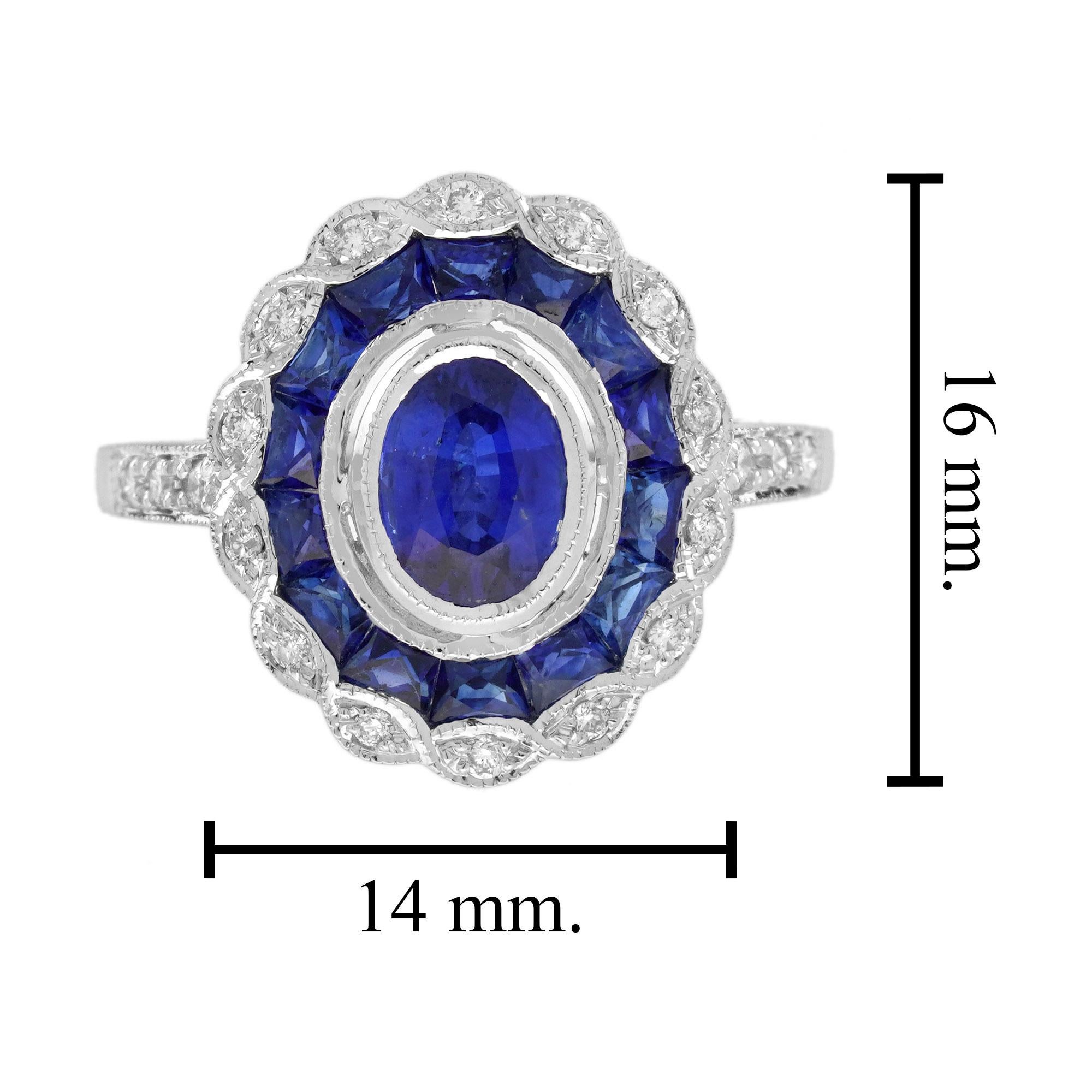 Ovaler blauer Saphir & Diamant Vintage Art Deco Stil Halo Weißgold Ring im Zustand „Neu“ im Angebot in Oakton, VA