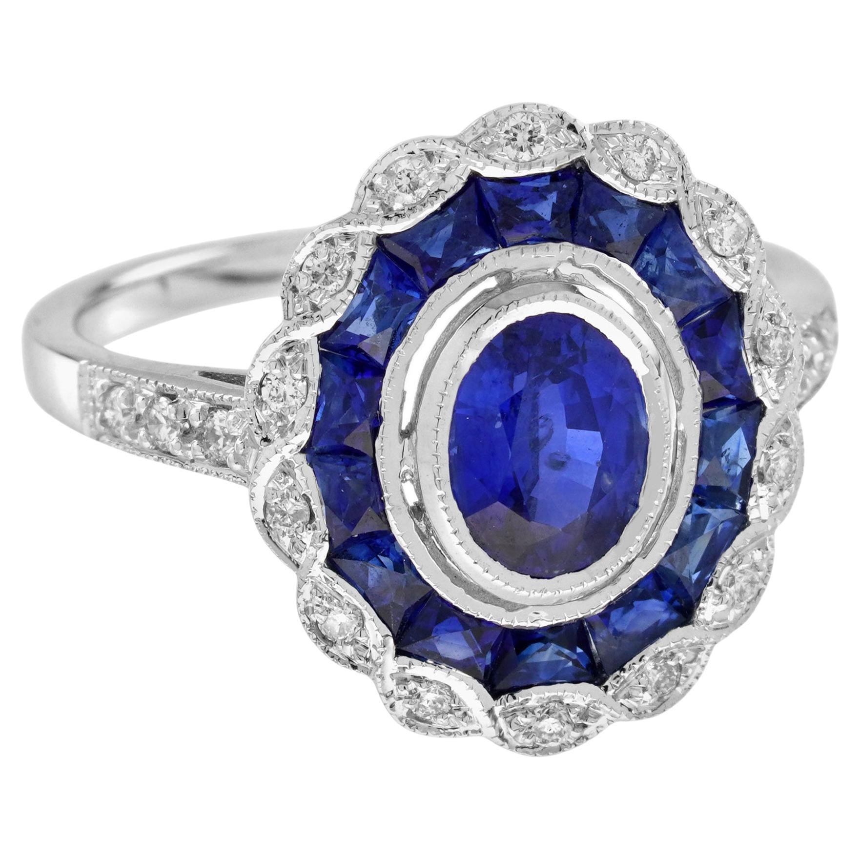 Zafiro azul ovalado y diamante Anillo de oro blanco con halo estilo art déco vintage