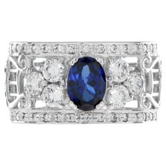 Oval Shape Blue Sapphire & Diamond Wide Band 14K White Gold Ring