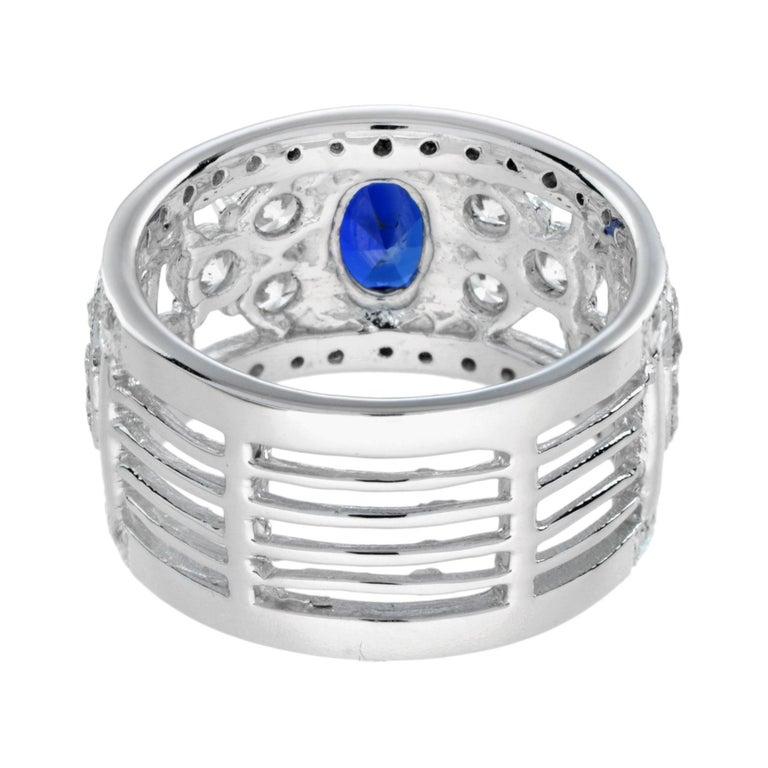 Oval Cut Oval Shape Blue Sapphire & Diamond Wide Band 14K White Gold Ring For Sale