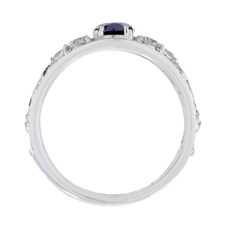 Oval Shape Blue Sapphire & Diamond Wide Band 14K White Gold Ring In New Condition For Sale In Oakton, VA