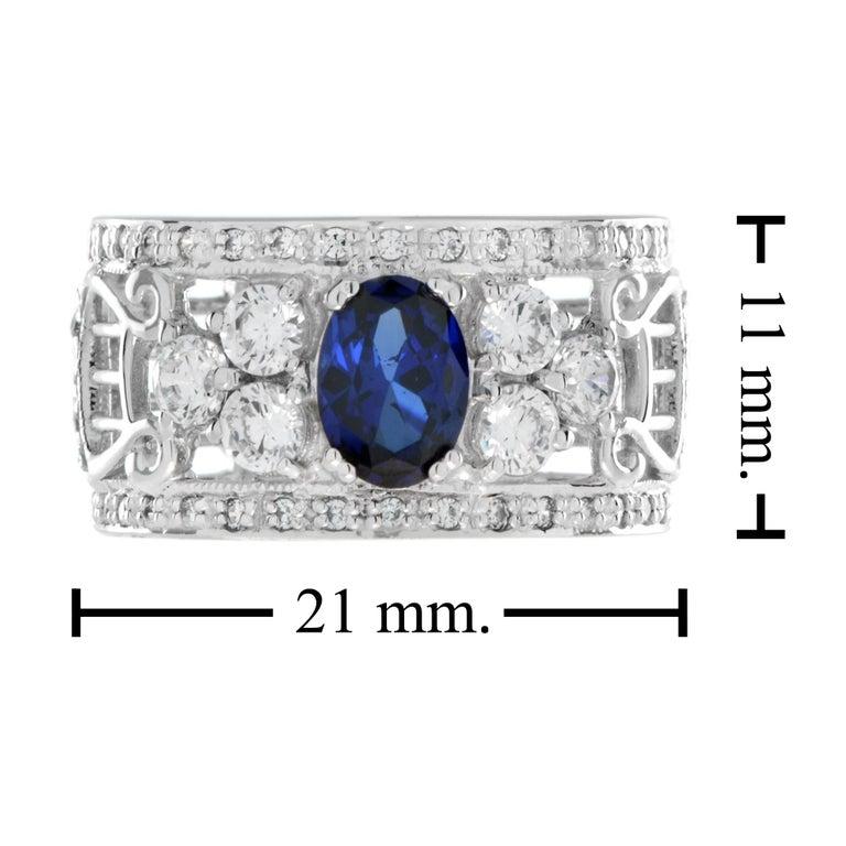 Oval Shape Blue Sapphire & Diamond Wide Band 14K White Gold Ring For Sale 2