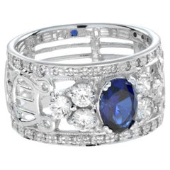 Oval Shape Blue Sapphire & Diamond Wide Band 14K White Gold Ring