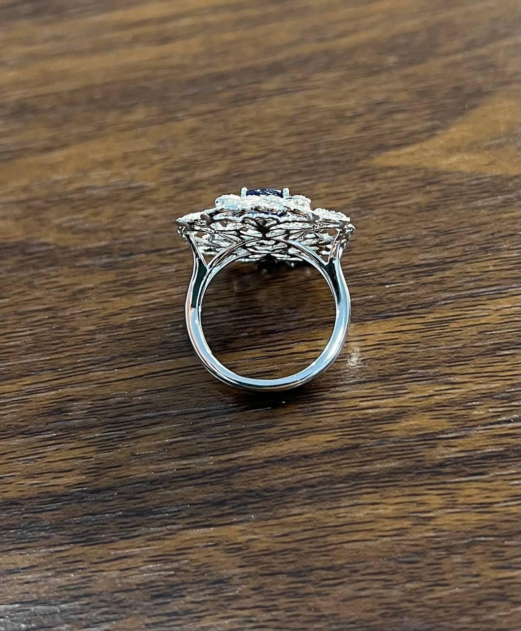 Oval Shape Blue Sapphire Diamonds Halo Pave Set White Gold Statement Motif Ring For Sale 3