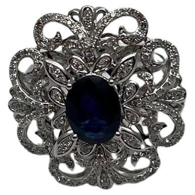 Oval Shape Blue Sapphire Diamonds Halo Pave Set White Gold Statement Motif Ring For Sale