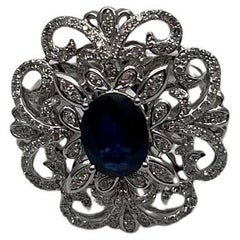 Oval Shape Blue Sapphire Diamonds Halo Pave Set White Gold Statement Motif Ring