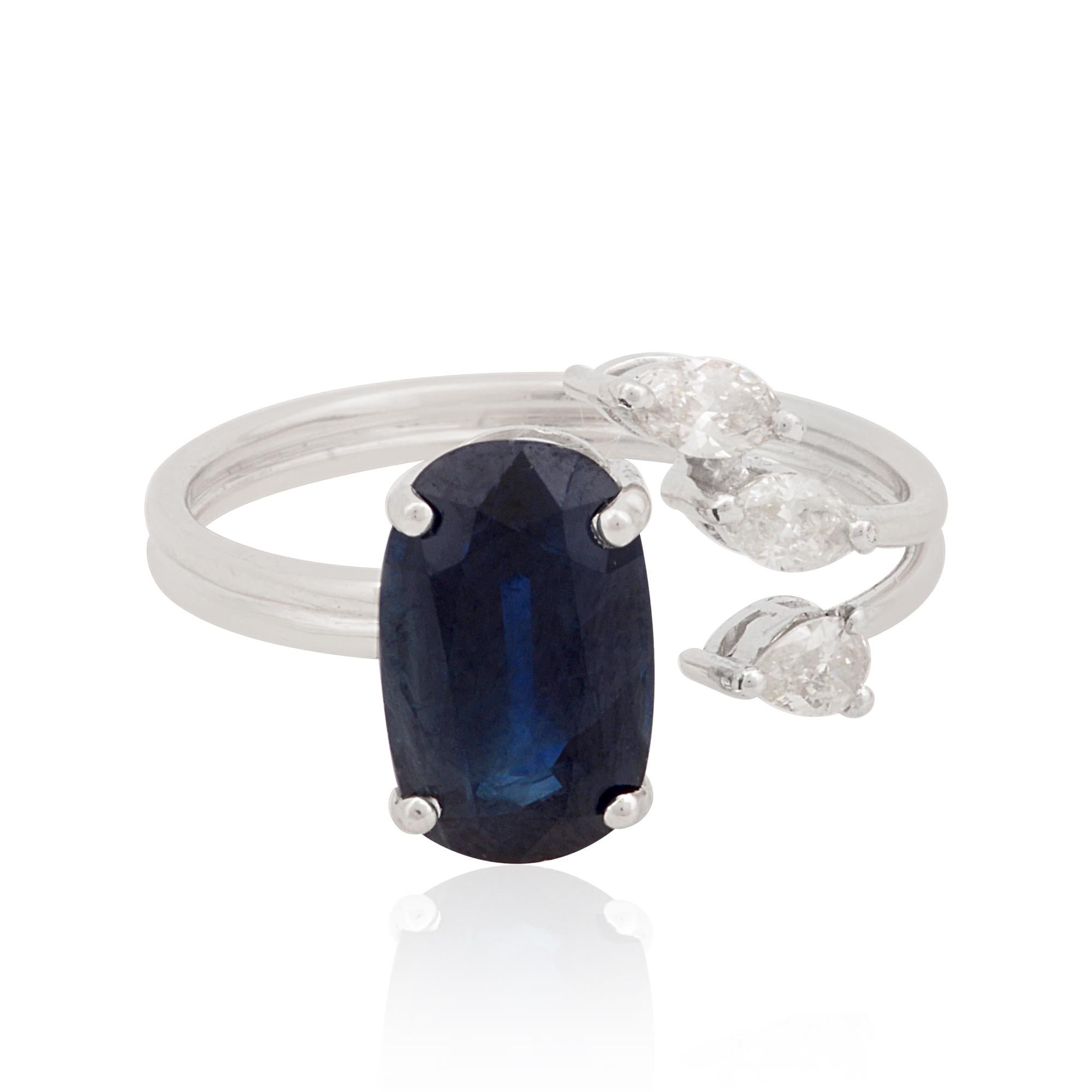 Modern Oval Shape Blue Sapphire Gemstone Cuff Ring Diamond 10 Karat White Gold Jewelry For Sale