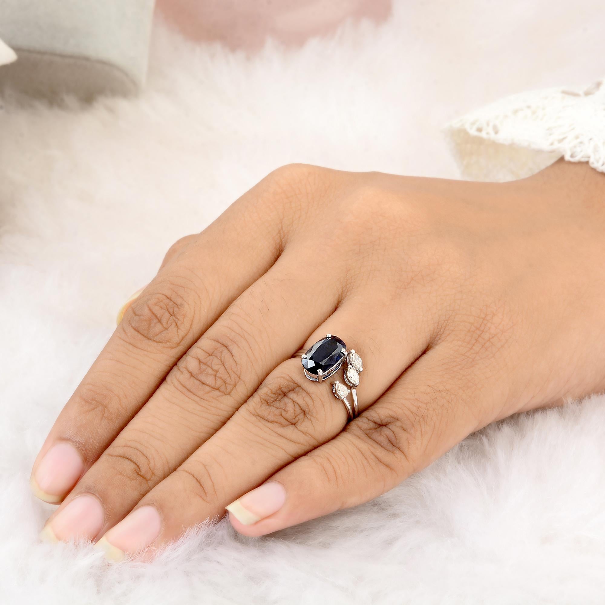 Oval Cut Oval Shape Blue Sapphire Gemstone Cuff Ring Diamond 10 Karat White Gold Jewelry For Sale