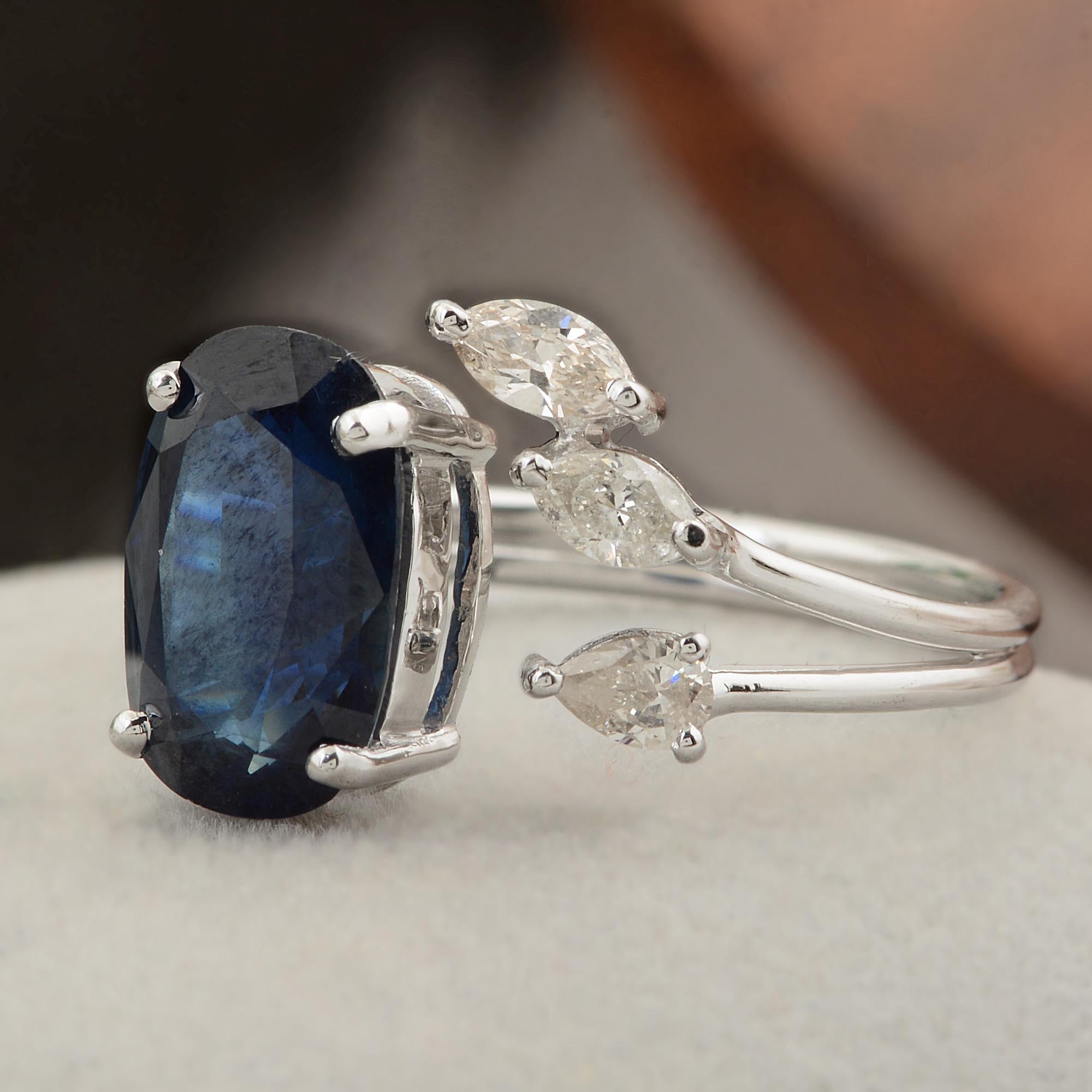 Women's Oval Shape Blue Sapphire Gemstone Cuff Ring Diamond 10 Karat White Gold Jewelry For Sale