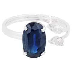 Oval Shape Blue Sapphire Gemstone Cuff Ring Diamond 10 Karat White Gold Jewelry