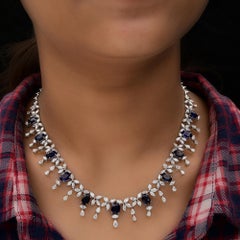 Spectrum Jewels Oval Blue Sapphire SI/H Diamond 18K White Gold Bridal Necklace