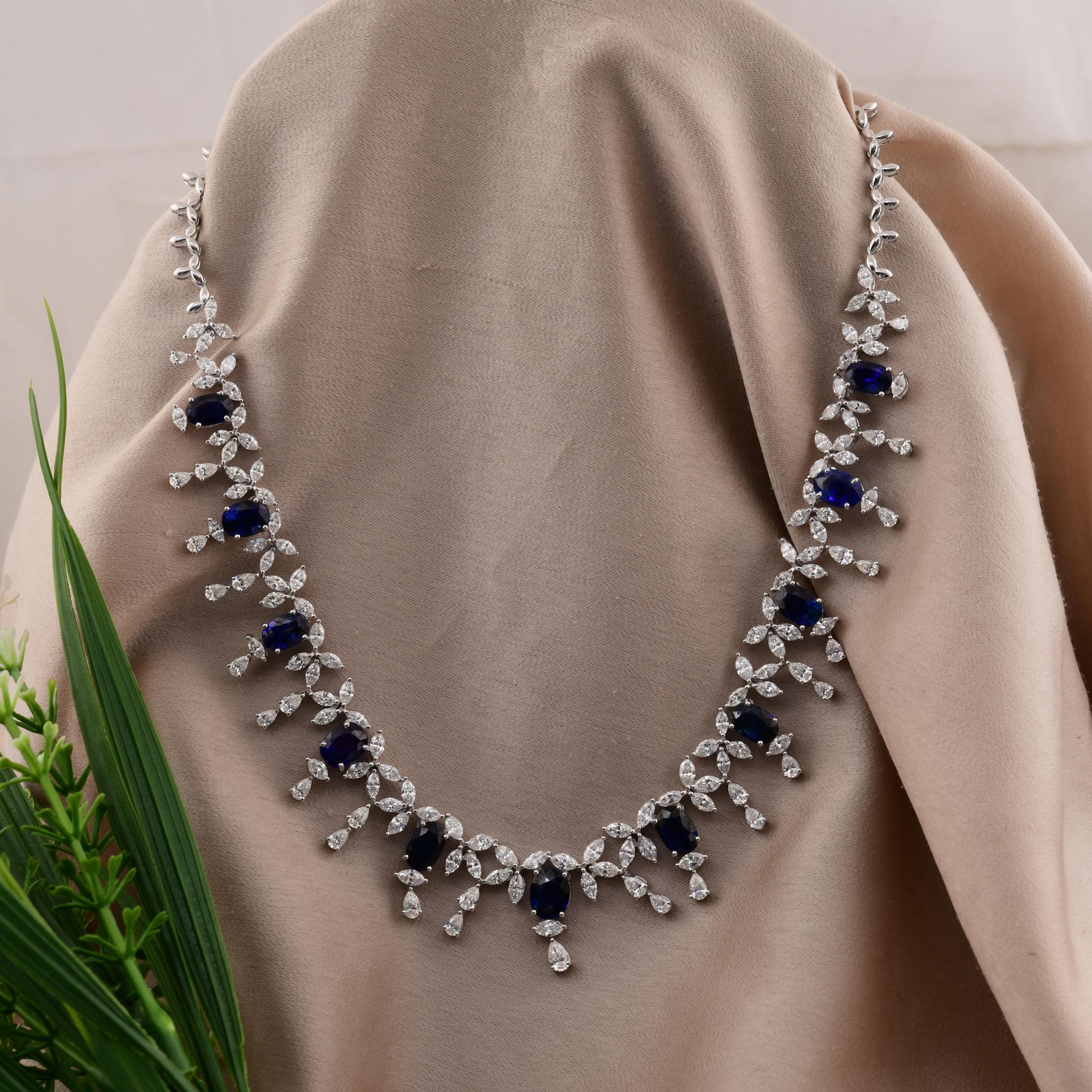 Modern Oval Shape Blue Sapphire Necklace SI/H Diamond 18 Karat White Gold Jewelry For Sale