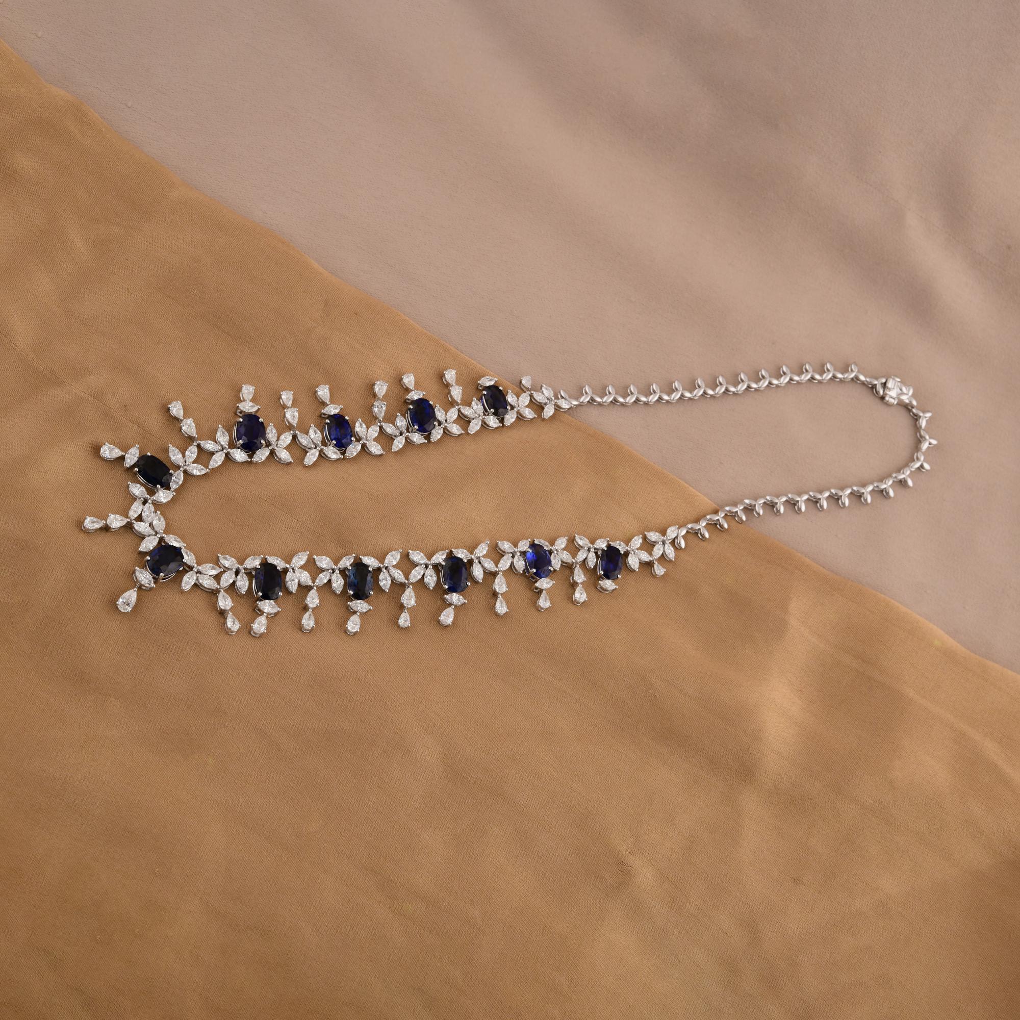 Oval Cut Oval Shape Blue Sapphire Necklace SI/H Diamond 18 Karat White Gold Jewelry For Sale