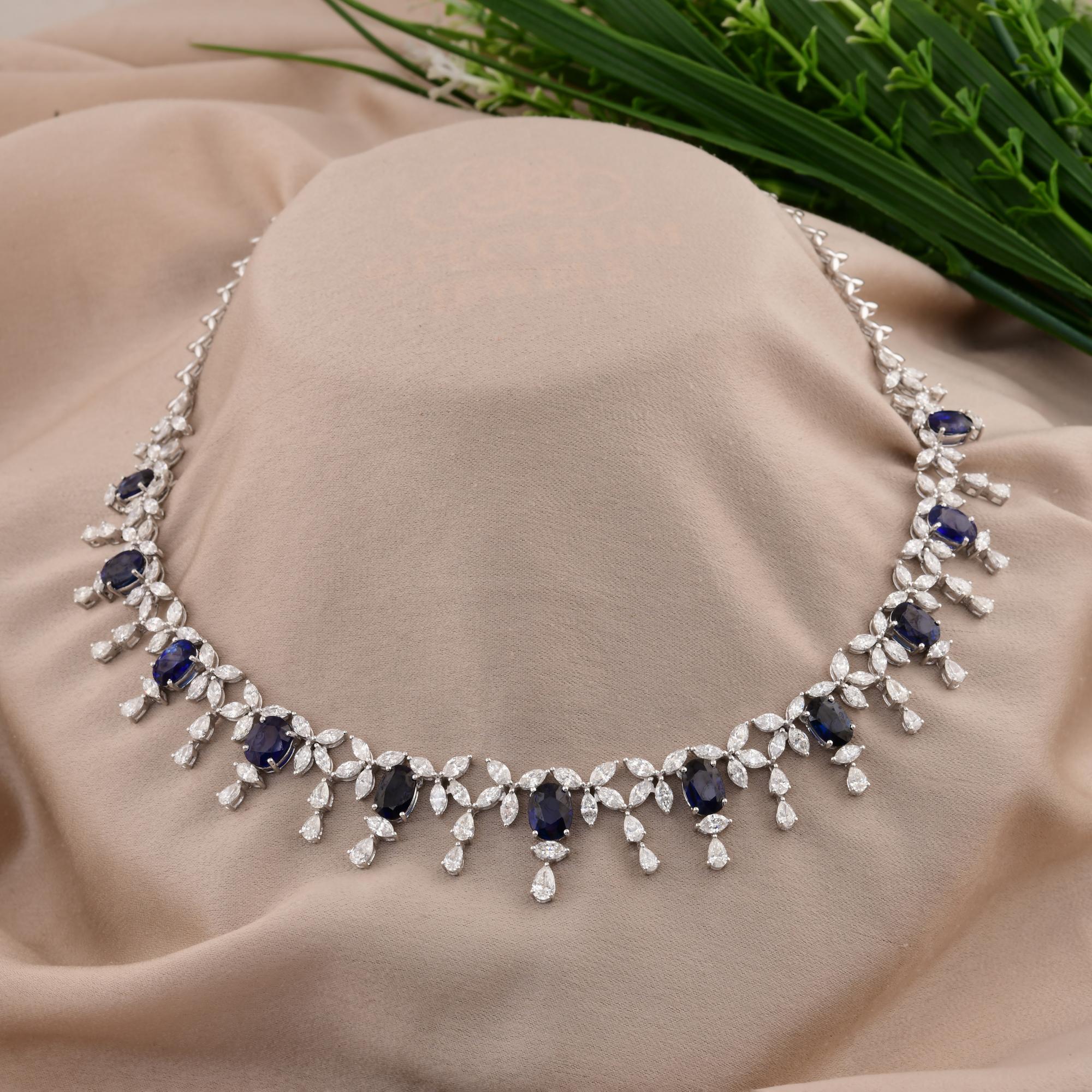 Oval Shape Blue Sapphire Necklace SI/H Diamond 18 Karat White Gold Jewelry In New Condition For Sale In Diera, Dubai