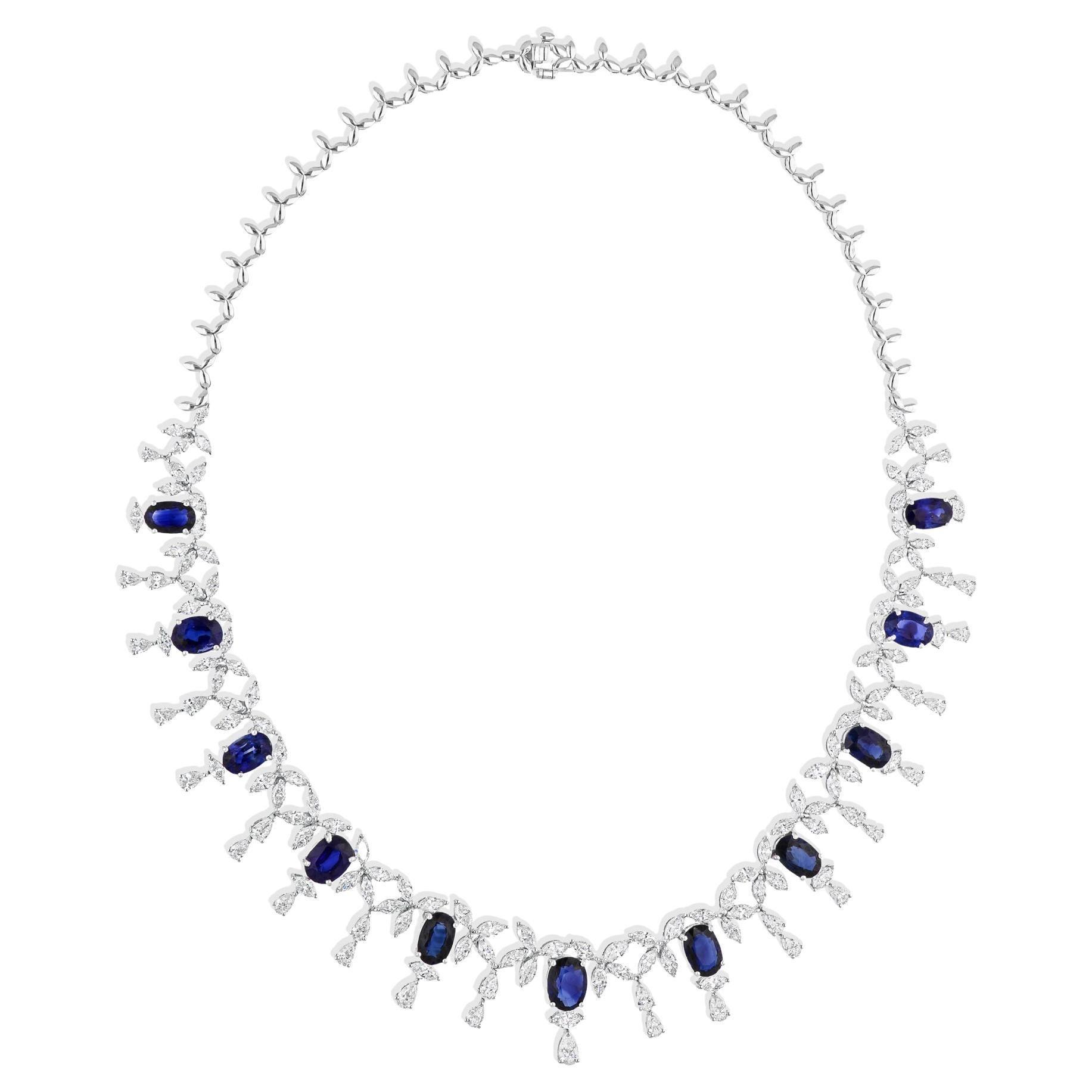 Oval Shape Blue Sapphire Necklace SI/H Diamond 18 Karat White Gold Jewelry