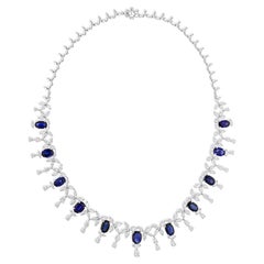 Oval Shape Blue Sapphire Necklace SI/H Diamond 18 Karat White Gold Jewelry