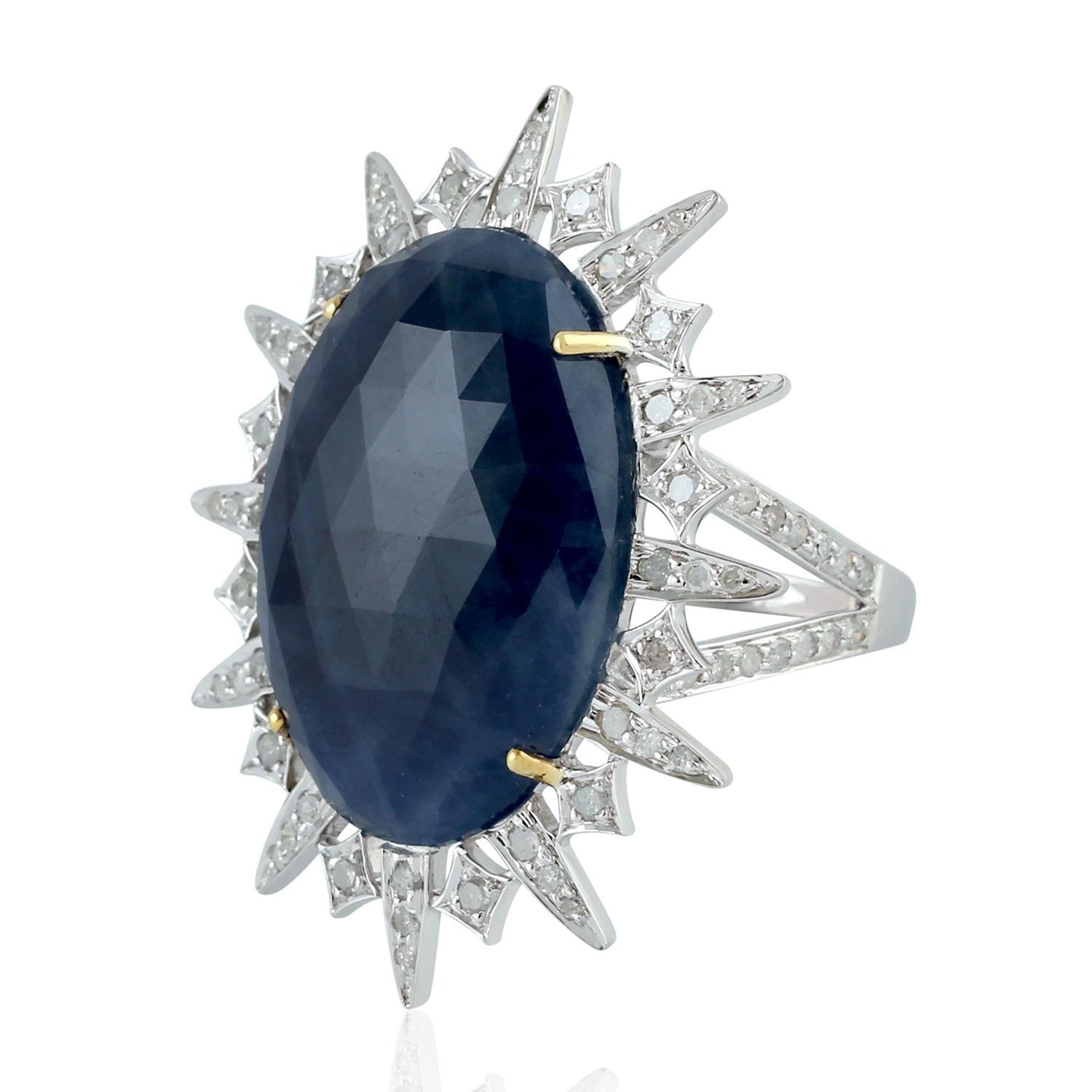 Modern Oval Shape Blue Sapphire Ring Set in Sun Motif with Diamonds in Gold and Silver