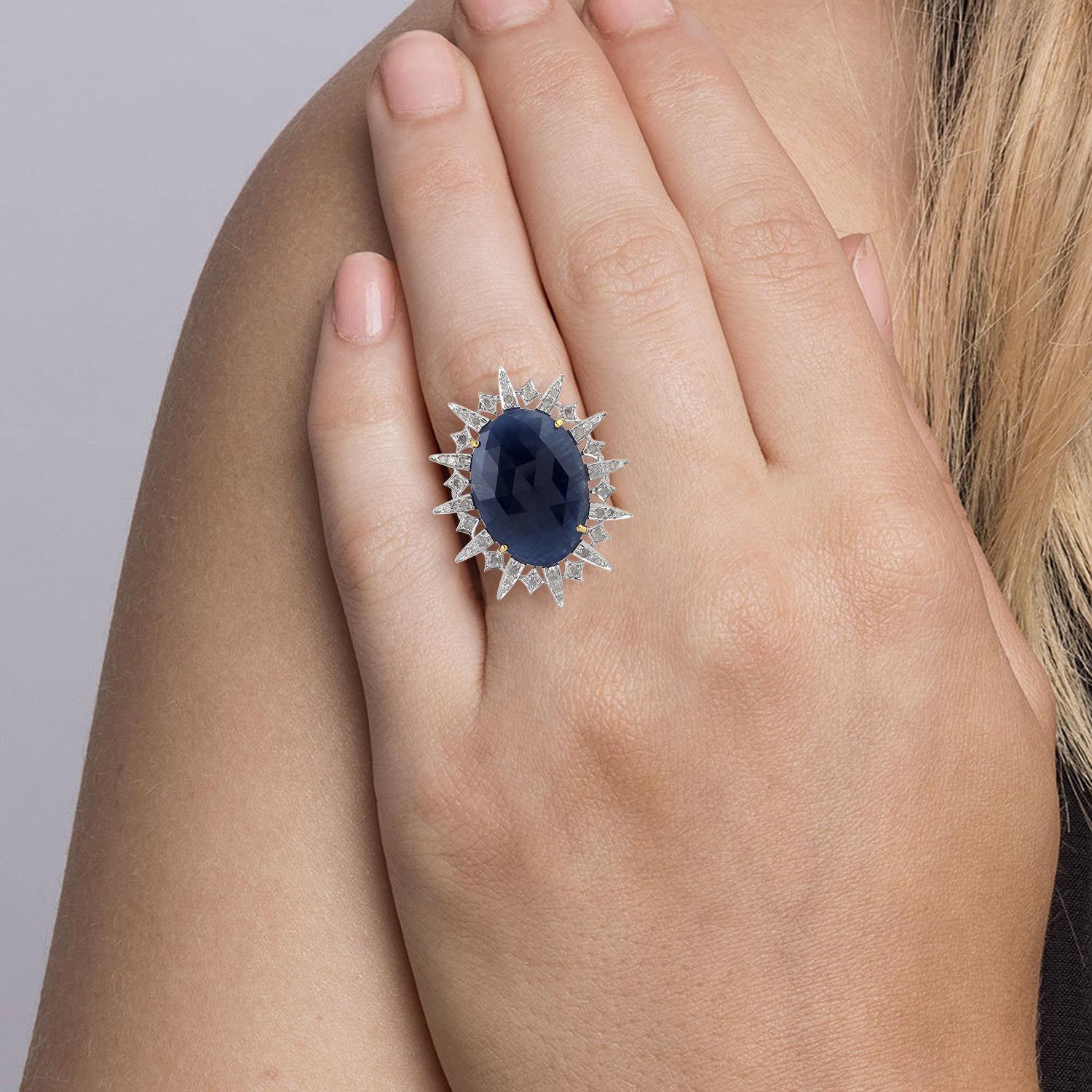 Round Cut Oval Shape Blue Sapphire Ring Set in Sun Motif with Diamonds in Gold and Silver