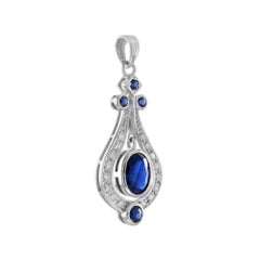 Oval Shape Blue Sapphire & White Diamond Art Deco Style 14K White Gold Pendant