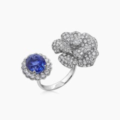 Oval Shape Blue Sapphire & White Diamond Pave Floral Flower 18K White Gold Ring