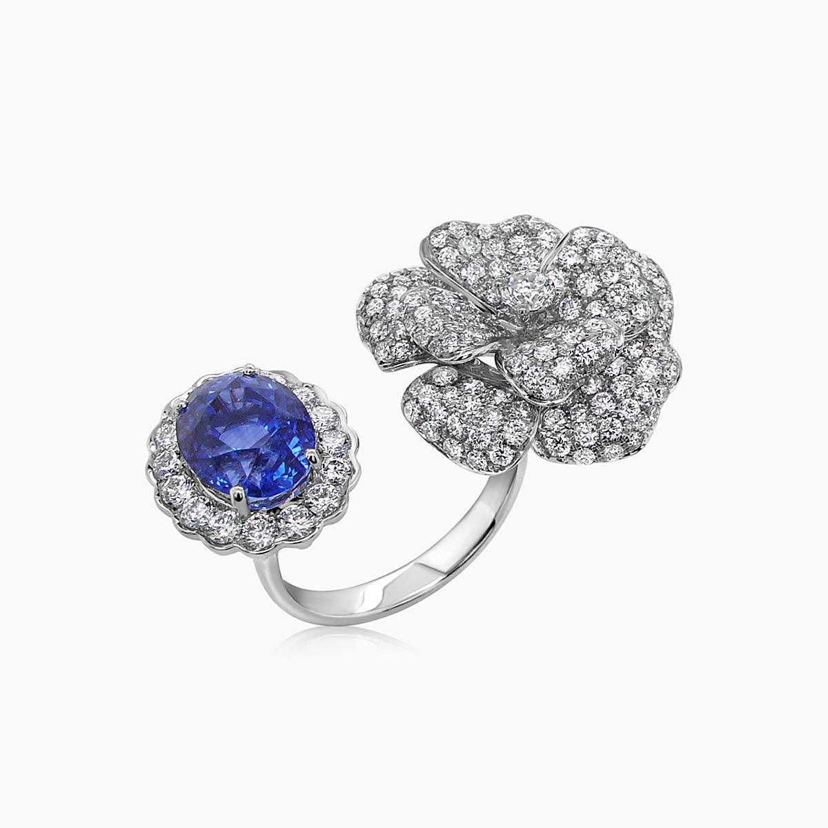 Oval Shape Blue Sapphire & White Diamond Pave Floral Flower 18K White Gold Ring In New Condition For Sale In Oakton, VA
