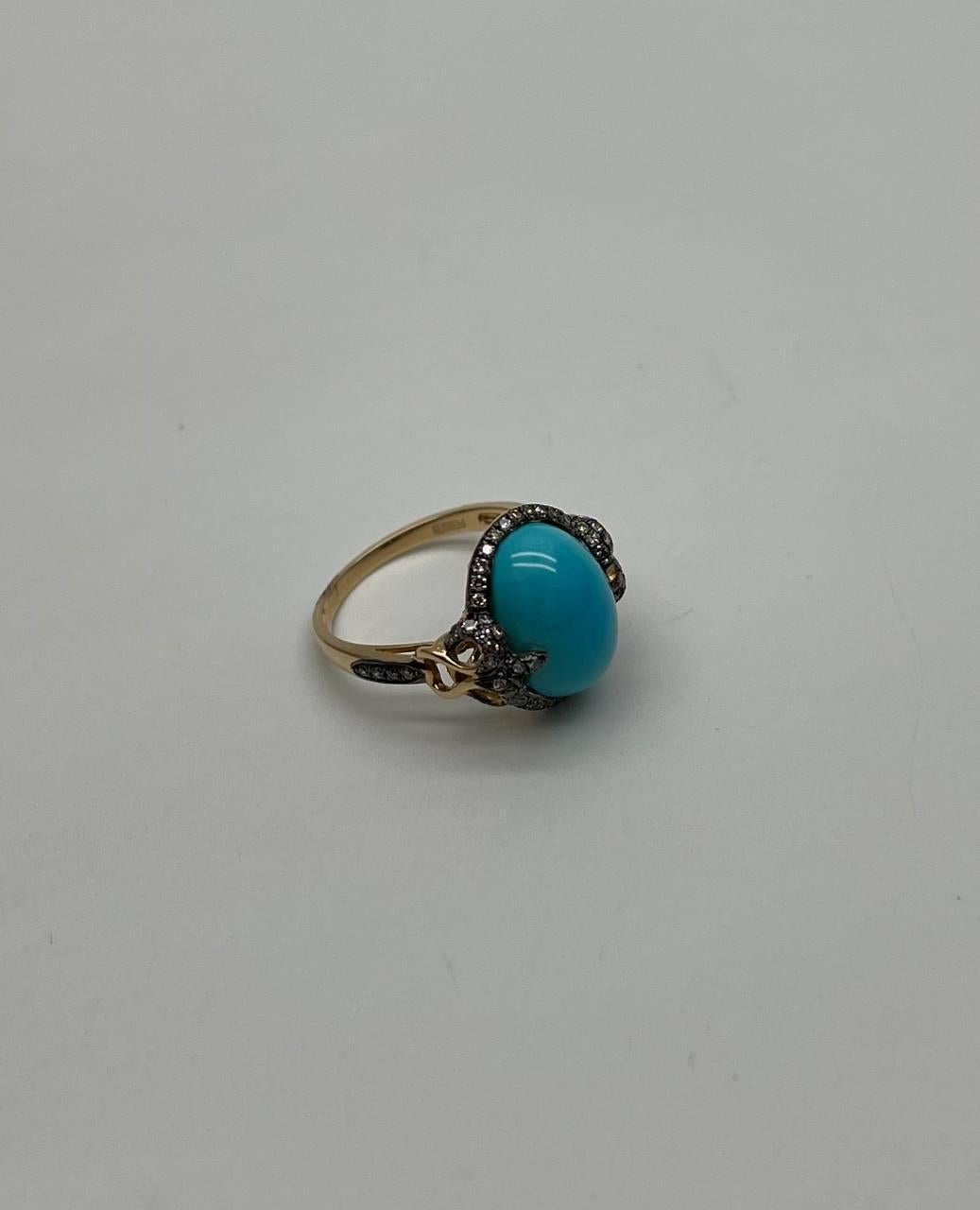 Elegant and Timeless.
Set with a Vibrant Turquoise Cabochon
Accented by Sparkling Diamonds
14K Solid Gold 
0.40 CTW Diamonds
5.28 Cts Turquoise