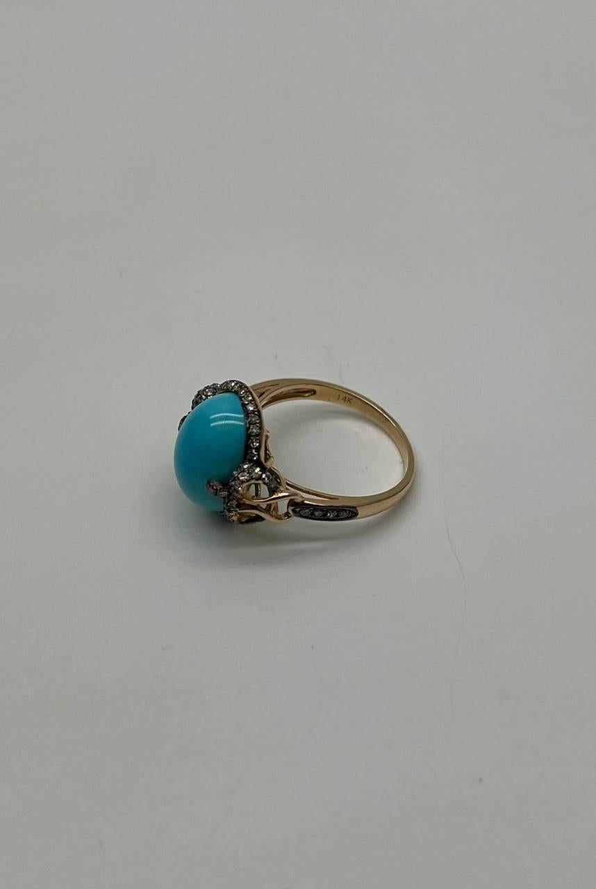 Cabochon Oval Shape Blue Teal Turquoise Diamond Halo Pave 14K Yellow Gold Ring For Sale