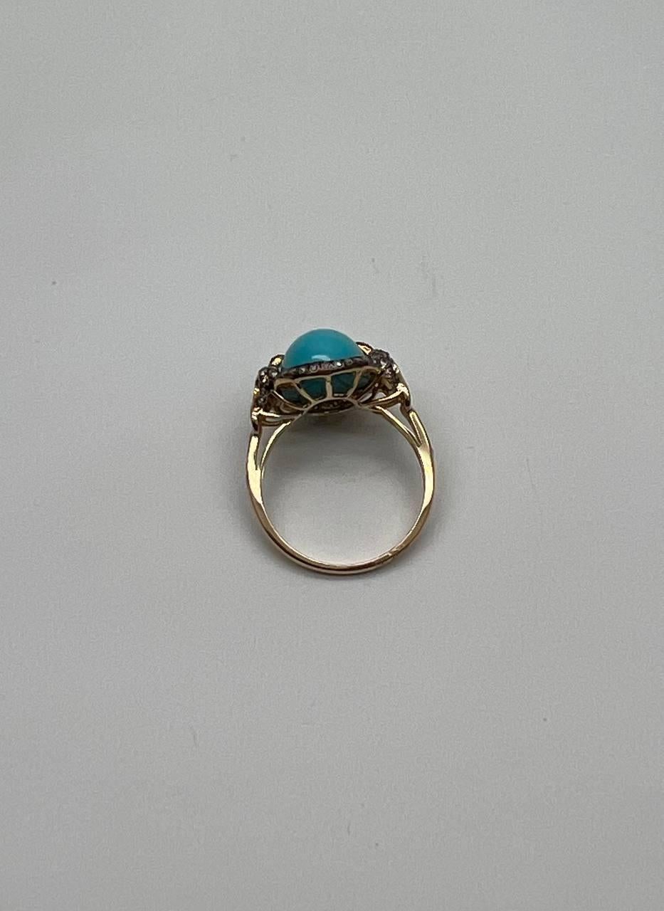 Oval Shape Blue Teal Turquoise Diamond Halo Pave 14K Yellow Gold Ring In New Condition For Sale In Oakton, VA