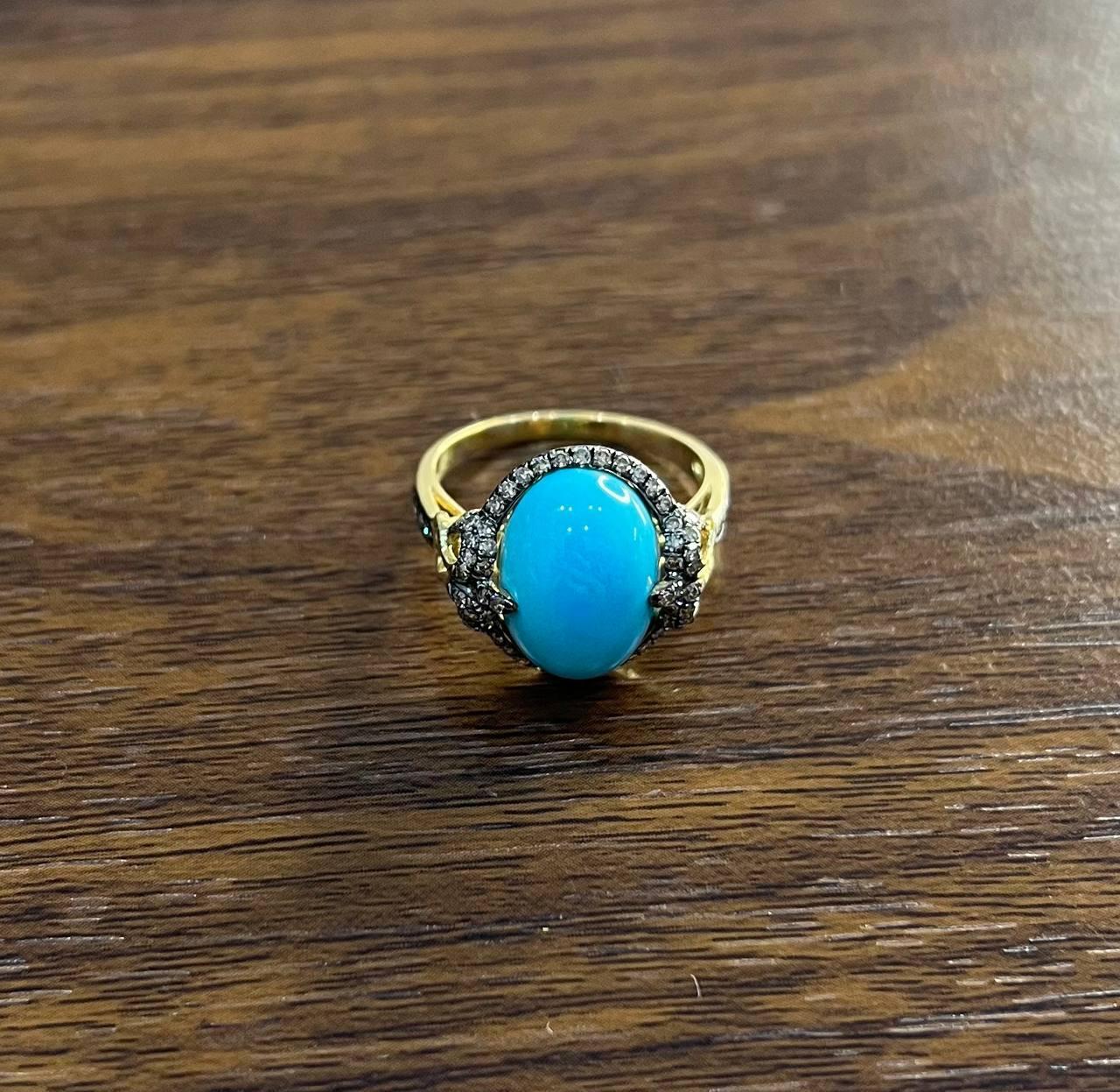 Women's Oval Shape Blue Teal Turquoise Diamond Halo Pave 14K Yellow Gold Ring For Sale