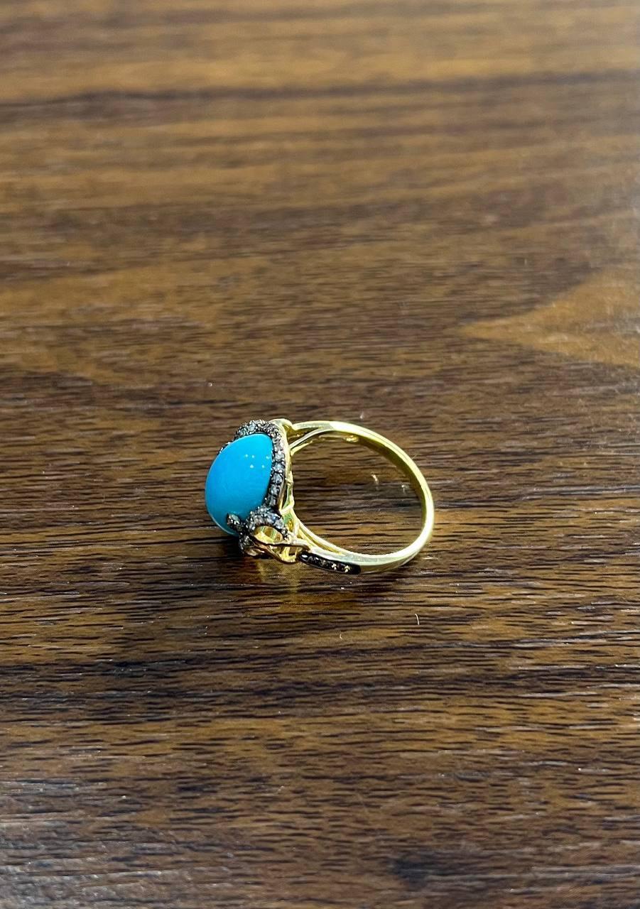 Oval Shape Blue Teal Turquoise Diamond Halo Pave 14K Yellow Gold Ring For Sale 1