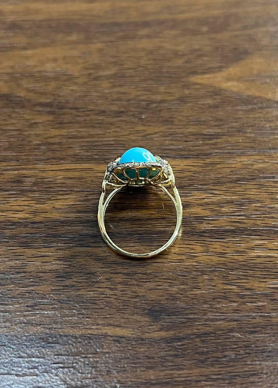 Oval Shape Blue Teal Turquoise Diamond Halo Pave 14K Yellow Gold Ring For Sale 3