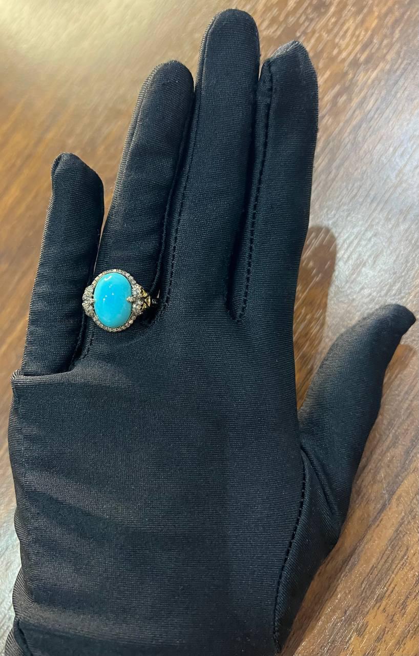 Oval Shape Blue Teal Turquoise Diamond Halo Pave 14K Yellow Gold Ring For Sale 4
