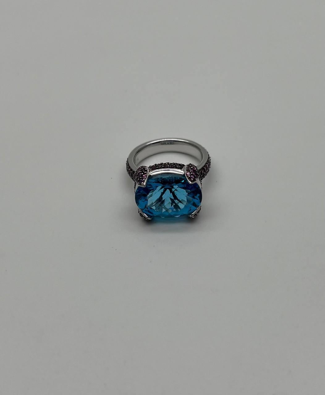 Oval Shape Blue Topaz Pavé Set Pink Sapphires 14K White Gold Band Cocktail Ring For Sale 5