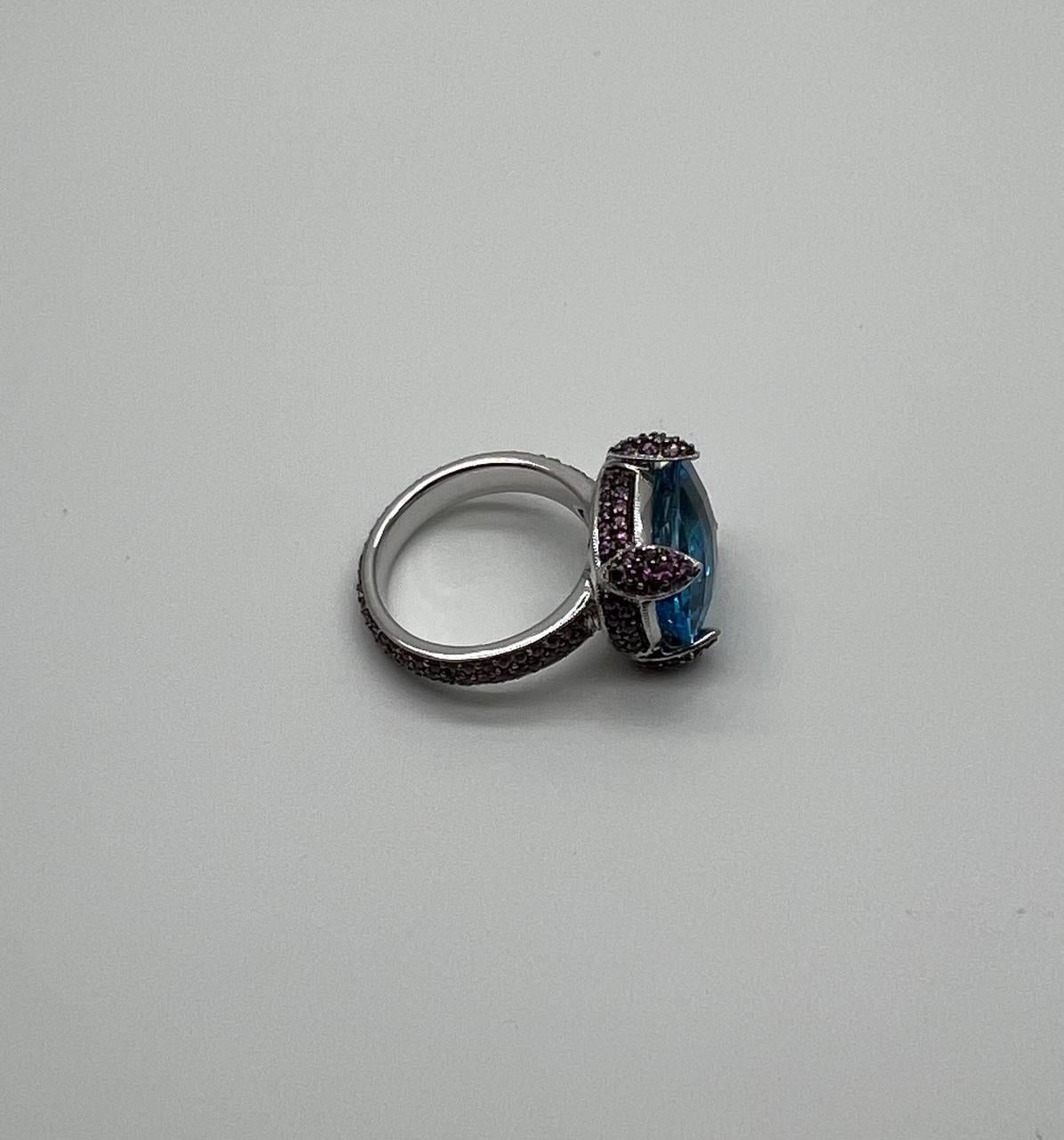 Oval Shape Blue Topaz Pavé Set Pink Sapphires 14K White Gold Band Cocktail Ring For Sale 6