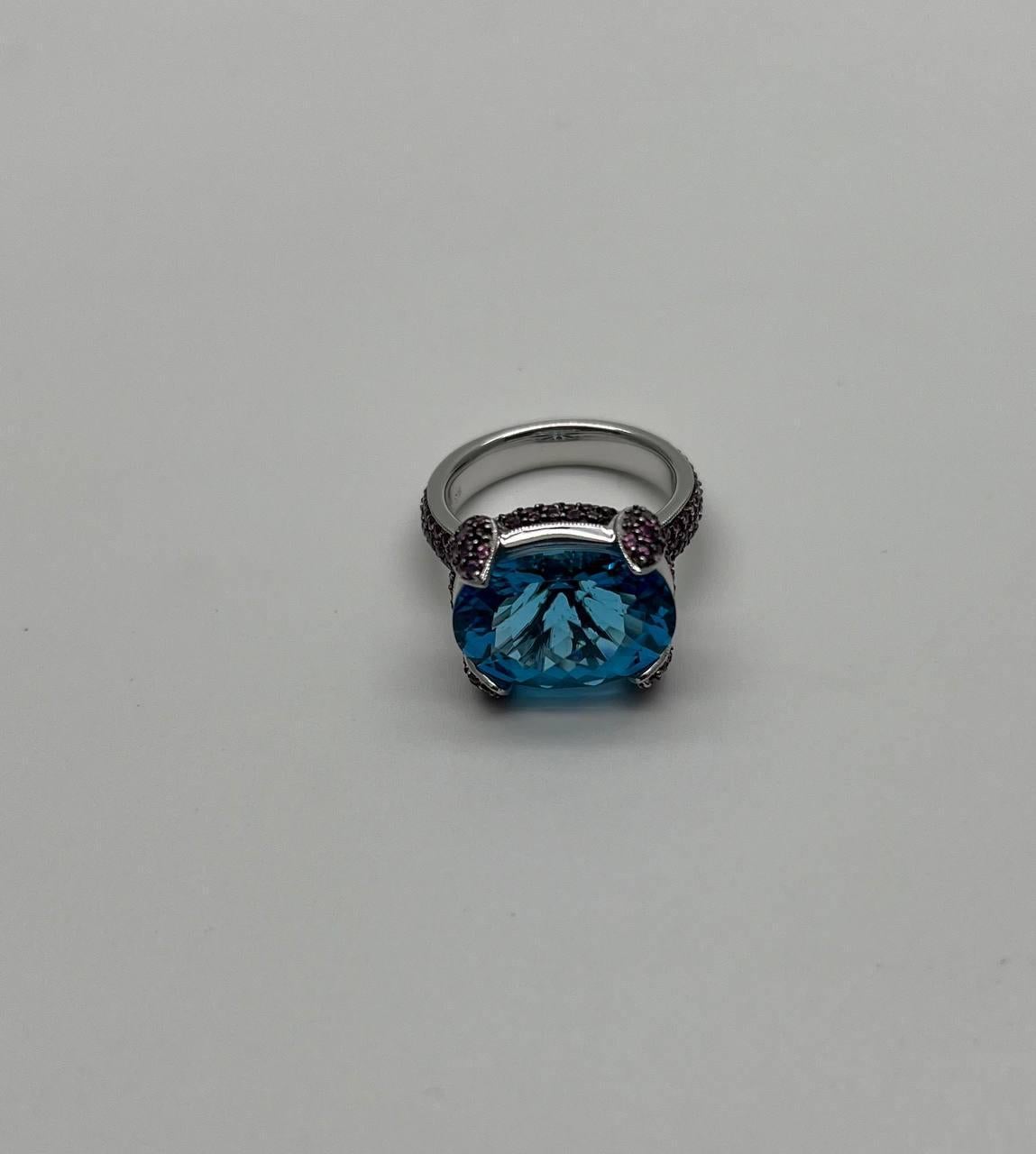 Oval Shape Blue Topaz Pavé Set Pink Sapphires 14K White Gold Band Cocktail Ring For Sale 7