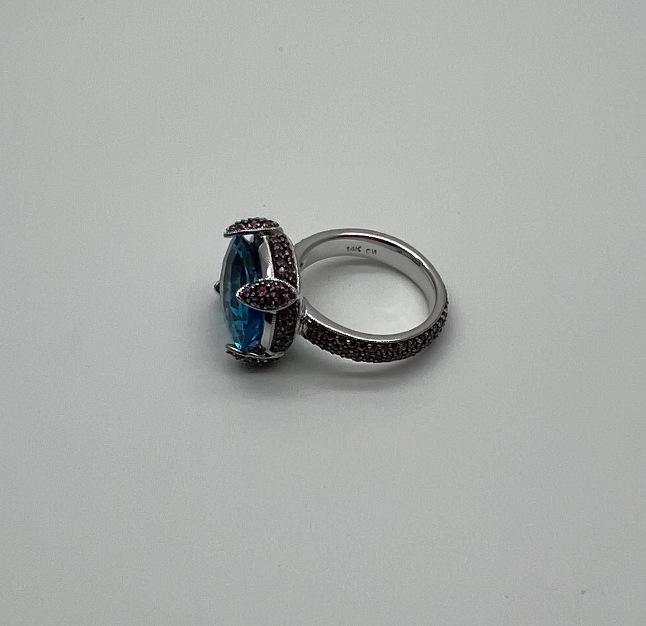 Oval Shape Blue Topaz Pavé Set Pink Sapphires 14K White Gold Band Cocktail Ring For Sale 8