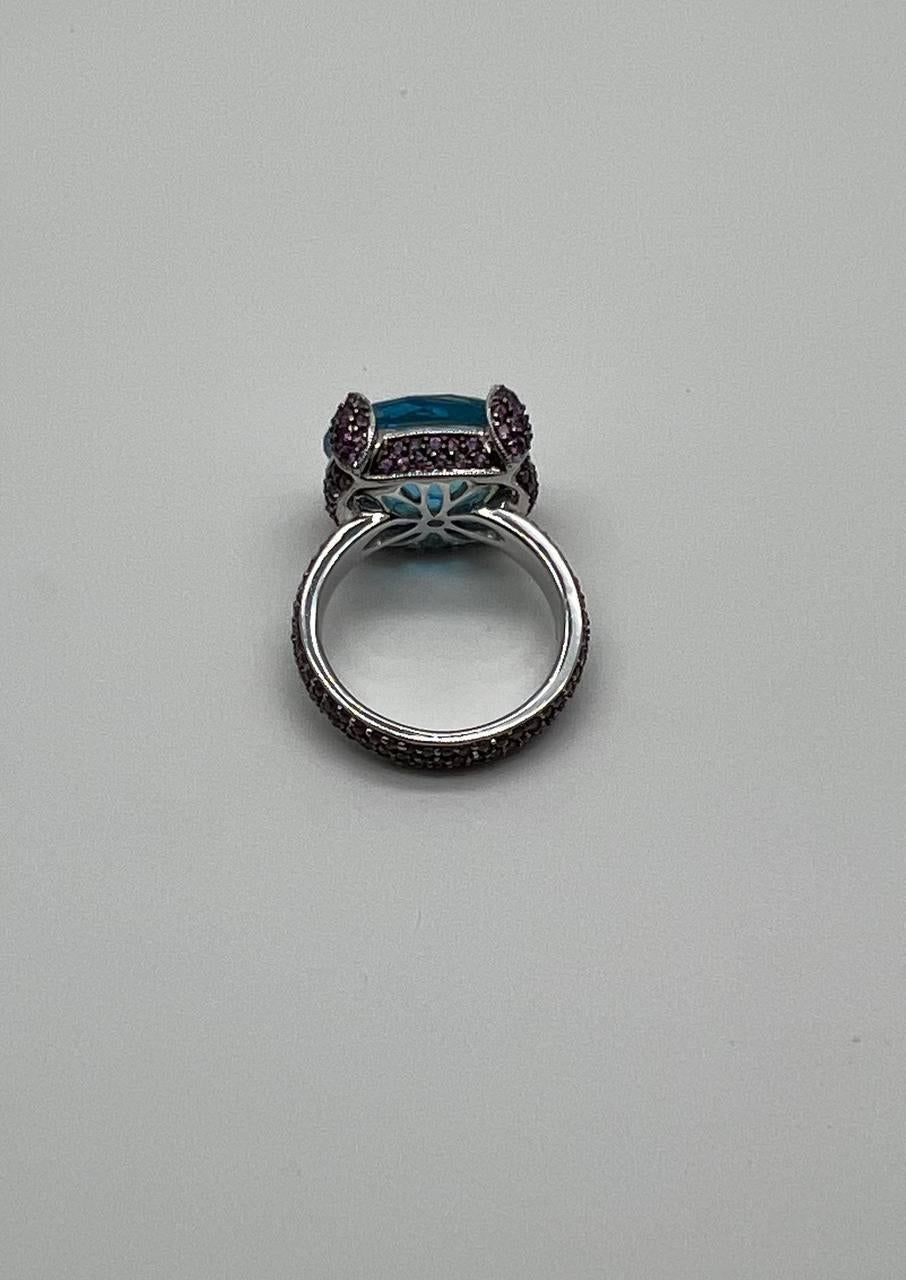 Oval Shape Blue Topaz Pavé Set Pink Sapphires 14K White Gold Band Cocktail Ring For Sale 9