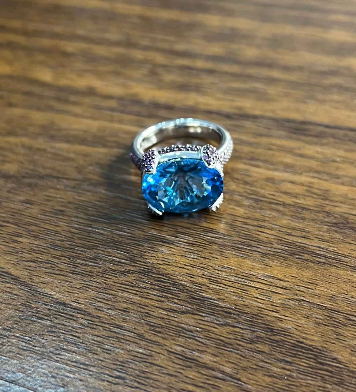 Oval Cut Oval Shape Blue Topaz Pavé Set Pink Sapphires 14K White Gold Band Cocktail Ring For Sale