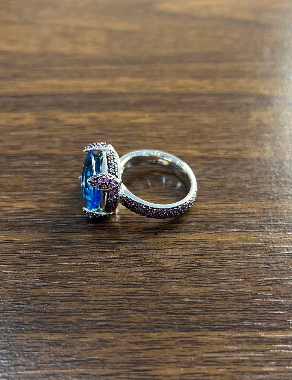 Oval Shape Blue Topaz Pavé Set Pink Sapphires 14K White Gold Band Cocktail Ring In New Condition For Sale In Oakton, VA