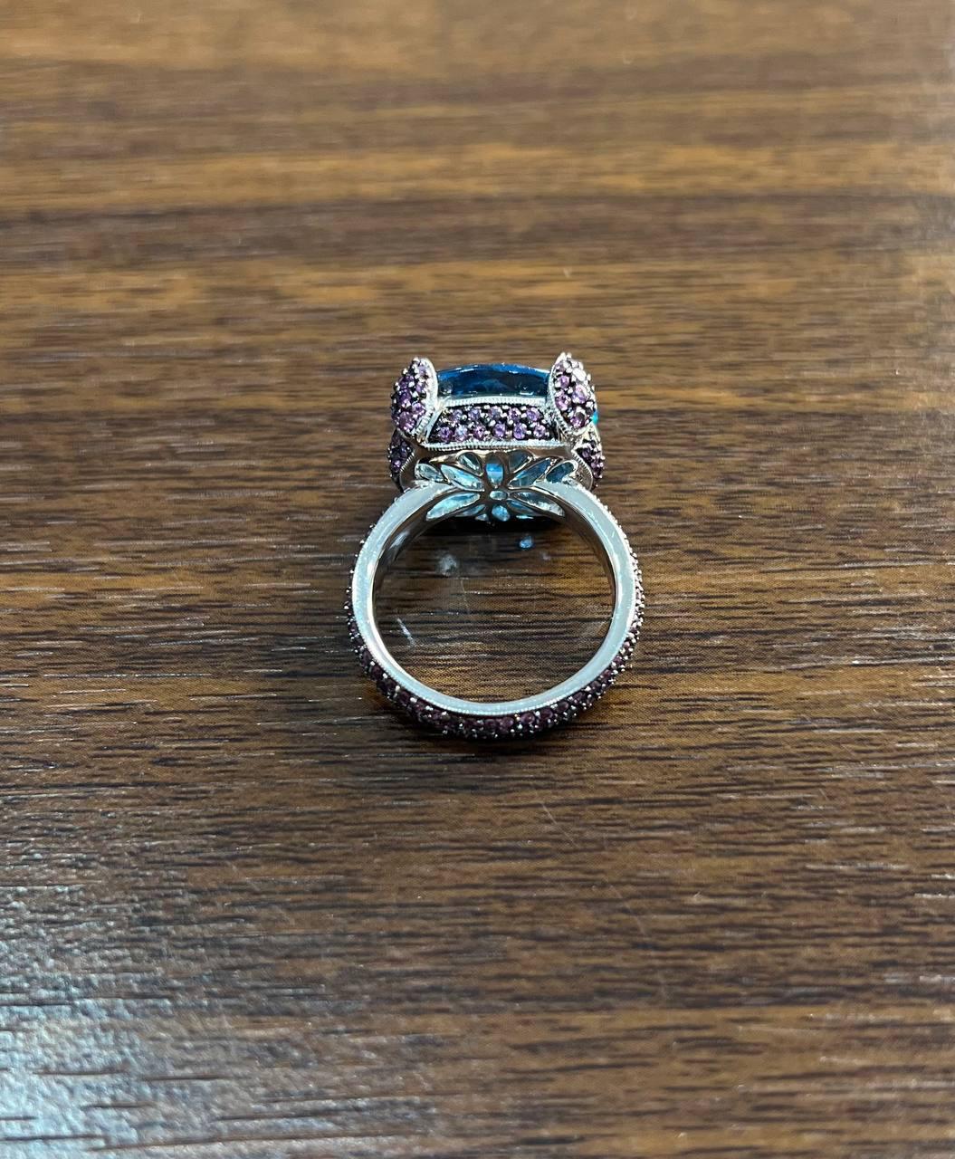 Oval Shape Blue Topaz Pavé Set Pink Sapphires 14K White Gold Band Cocktail Ring For Sale 1