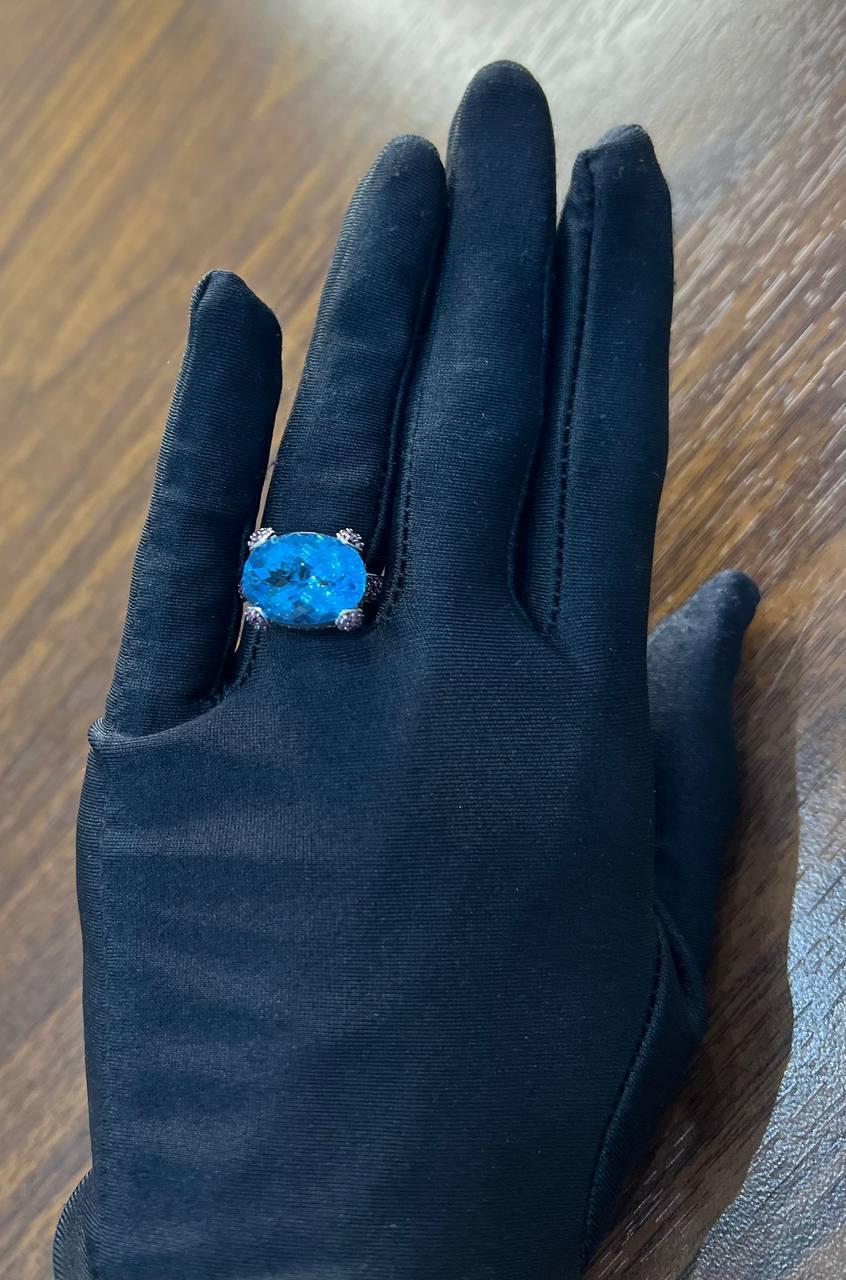 Oval Shape Blue Topaz Pavé Set Pink Sapphires 14K White Gold Band Cocktail Ring For Sale 2