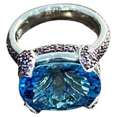 Oval Shape Blue Topaz Pavé Set Pink Sapphires 14K White Gold Band Cocktail Ring