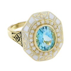 Anillo de Oro Amarillo de Forma Ovalada Topacio Azul y Perla Esmalte Blanco Estilo Antiguo
