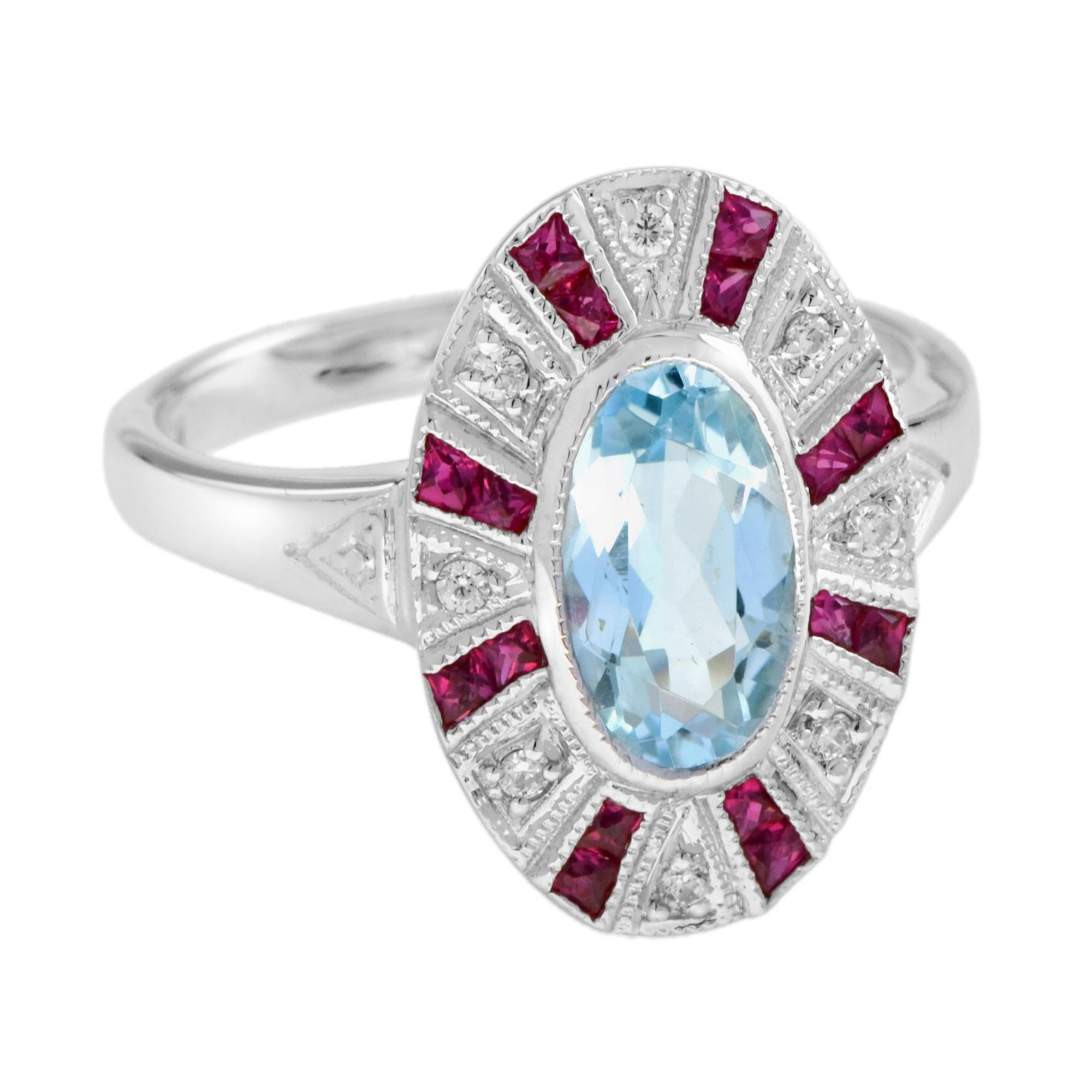 Stunning vintage inspired white gold blue topaz with ruby and diamond set ring. The ring consists of one central oval shaped blue topaz surrounded by French cut rubies and round cut diamonds. A highlight for ladies who favor extraordinary jewels.
